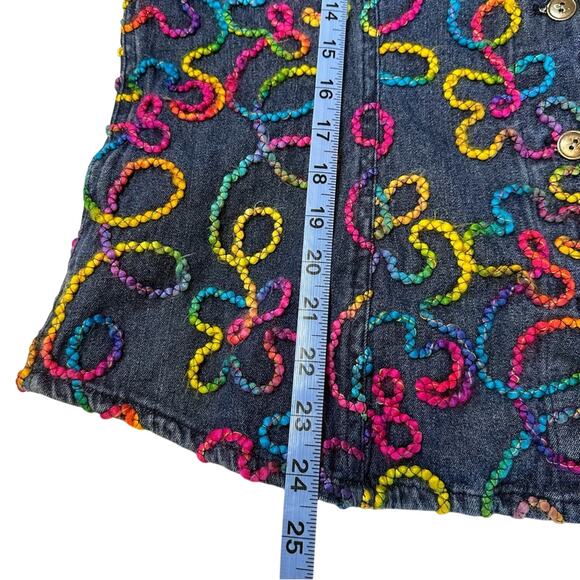 Chico’s Size 2 Y2K Rainbow Tie Dye Yarn Embroidered Floral Denim Jean Jacket L - Picture 7 of 7